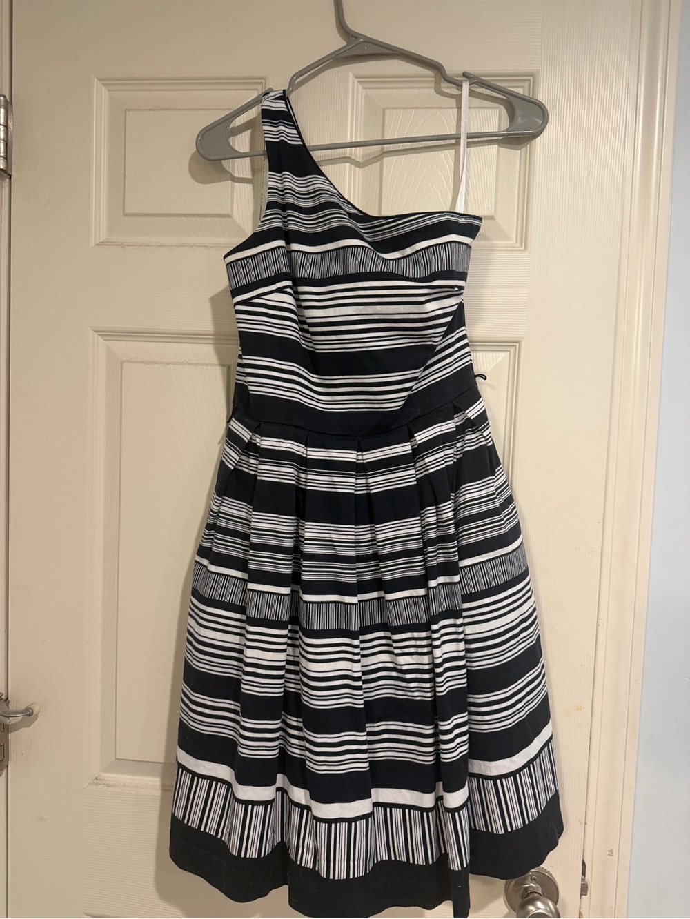 White House Black Market Black and White Striped Fit & Flare Dress with pockets